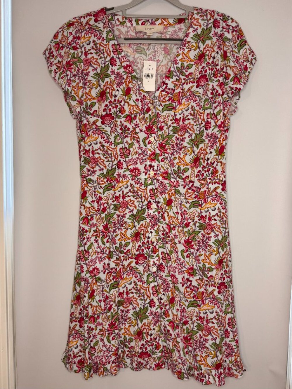 LOFT Floral Button-Front Dress in White with Pink, Green & Mustard